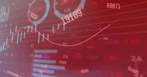 Image of numeric data processing over graphs charts on dark background 写真素材