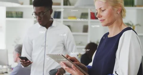 Image of numeric data processing over caucasian businesswoman using tablet at 스톡 사진