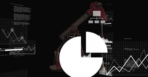 Image of oil pumpjack with data charts in black background for school use Stock Illustration