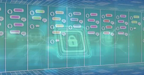 Image of online chat and data processing over online security padlock Foto stock