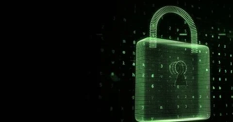 Image of online greeen security padlock with data processing in background Stock Illustration