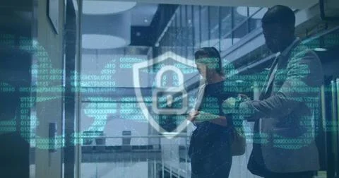 Image of online padlock and chain over business people working in modern office Foto stock