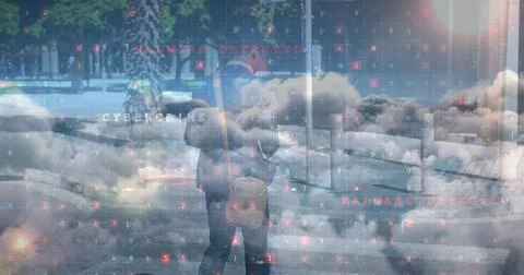 Image of online security and data processing over businessman and clouds Stock Photos
