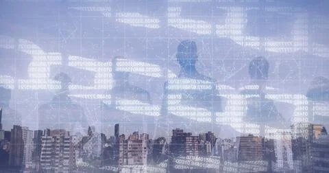 Image of online security chains and people's silhouettes over cityscape 库存插图