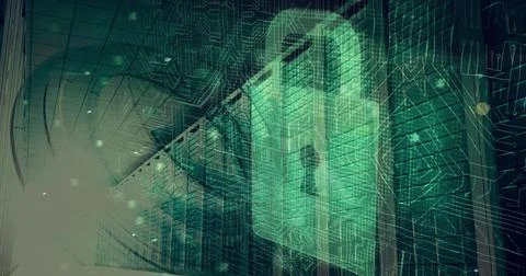 Image of online security padlock and data processing over circuit board and Illustrazione stock