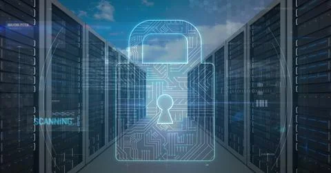 Image of online security padlock and data processing over computer servers Illustrazione stock
