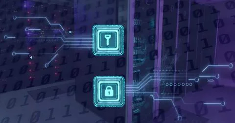 Image of online security padlock and key, binary coding over computer 스톡 일러스트