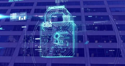 Image of online security padlock and data processing over purple modern building Stockillustratie