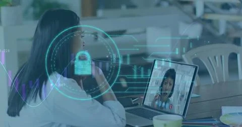 Image of online security padlock and digital icons over woman on laptop image 库存插图