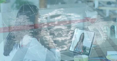 Image of online security padlock and biometric fingerprint over woman on laptop Stock Illustration