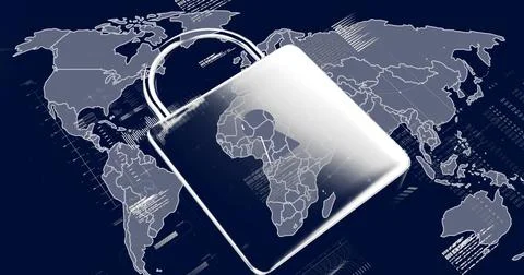 Image of online security padlock and data processing over world map Stock Illustration