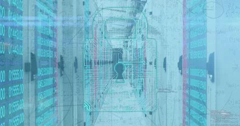 Image of online security padlock and data processing over tech room with Stockfoto's