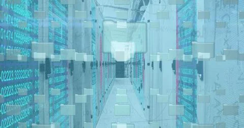 Image of online security padlock and data processing over tech room with Stock Photos
