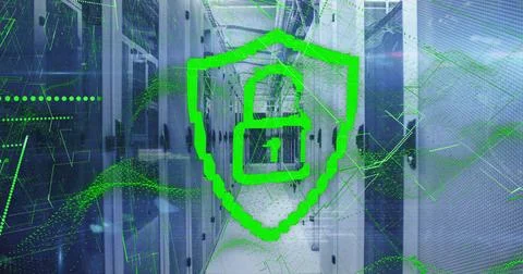 Image of online security padlock and data processing over computer servers 스톡 사진