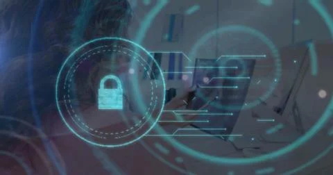 Image of online security padlock and scope over caucasian female doctor Stockfoto's