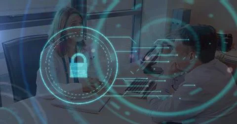 Image of online security padlock and scope over caucasian female doctor Stockfoto's