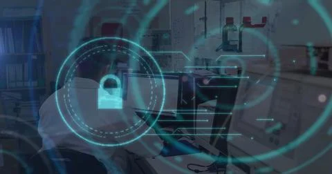 Image of online security padlock and scope over caucasian male doctors Stockfoto's