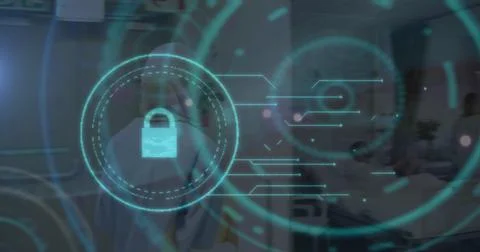 Image of online security padlock and scope over biracial female doctor Stockfoto's