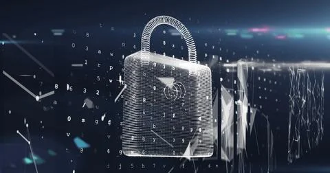 Image of online security padlock and changing letters coding Stock Photos