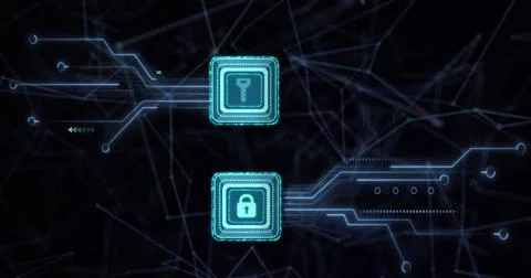 Image of online security padlock and key icons and data processing over computer Stock Photos