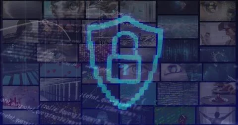 Image of online security padlock and data processing on screens Stockfoto's