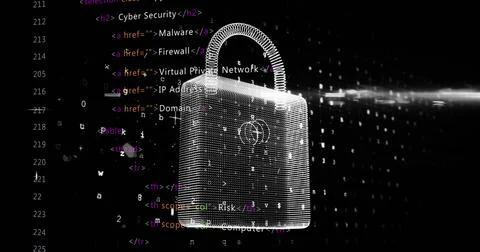 Image of online security padlock, binary coding and data processing 스톡 일러스트