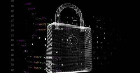 Image of online security padlock, binary coding and data processing 스톡 일러스트