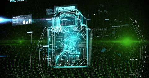 Image of online security padlock, binary coding and data processing 스톡 일러스트
