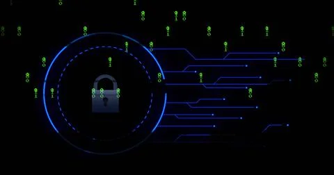 Image of online security padlock, binary coding and data processing 스톡 일러스트