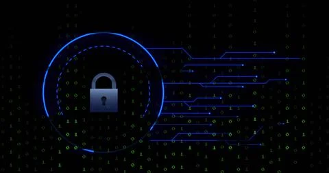Image of online security padlock, binary coding and data processing Stockillustratie