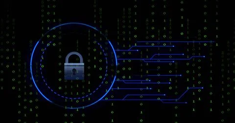 Image of online security padlock, binary coding and data processing 스톡 일러스트