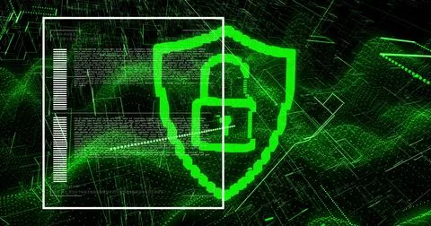 Image of online security padlock, binary coding and data processing 库存照片