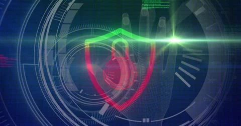 Image of online security padlock with biometric fingerprint, data processing and Foto stock