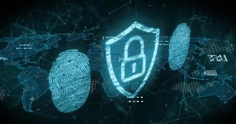 Image of online security padlock, biometric fingerprint and data processing over Stock Photos