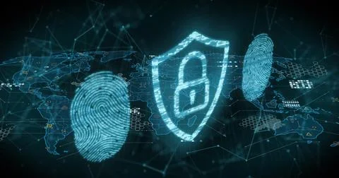 Image of online security padlock, biometric fingerprints, data processing over Stock Photos