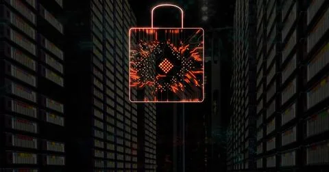 Image of online security padlock with circuit board over servers Foto stock