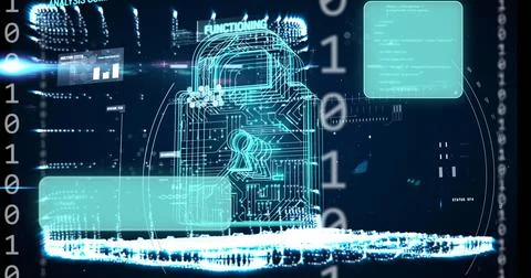 Image of online security padlock, data processing over binary coding 스톡 일러스트