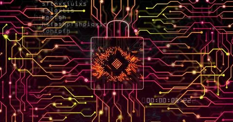 Image of online security padlock, data processing over computer circuit board Stock Illustration