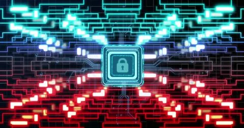 Image of online security padlock, data processing over computer circuit board Illustrazione stock