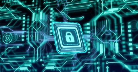 Image of online security padlock, data processing over computer circuit board Illustrazione stock