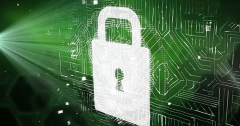 Image of online security padlock with data processing on circuit board in 库存插图