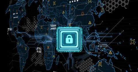 Image of online security padlock, data processing and markers over world map Stock Illustration