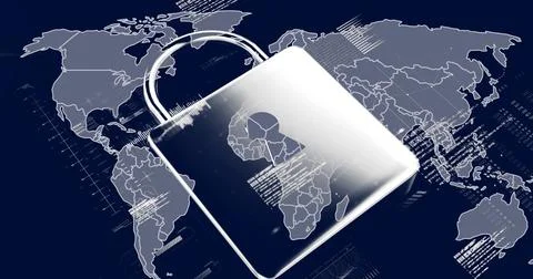 Image of online security padlock, data processing and markers over world map Illustrazione stock
