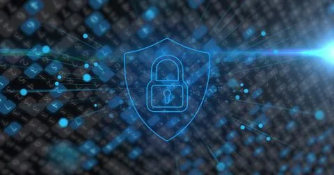 Image of online security padlock data processing and networks of connections 写真素材