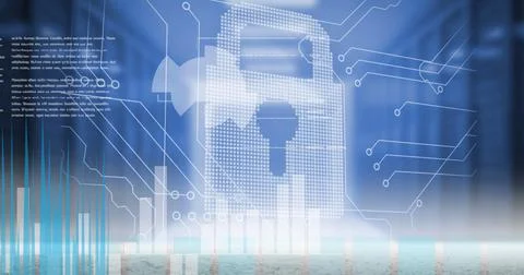 Image of online security padlock with data processing in background Stock Photos