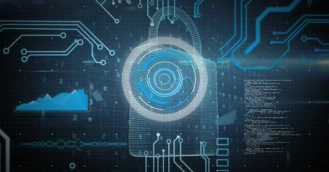 Image of online security padlock, data processing, scope scanning and computer Stock Photos