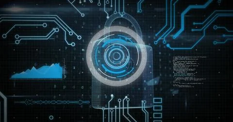 Image of online security padlock, data processing, scope scanning and computer Stock Photos