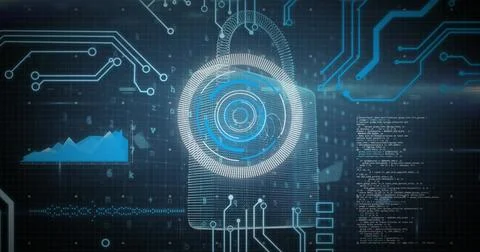 Image of online security padlock, data processing, scope scanning and computer Stock Photos