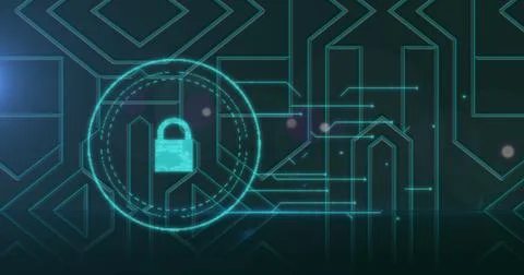 Image of online security padlock flickering on green background Stock Illustration