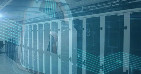 Image of online security padlock icon over room with computer servers Stock Illustration